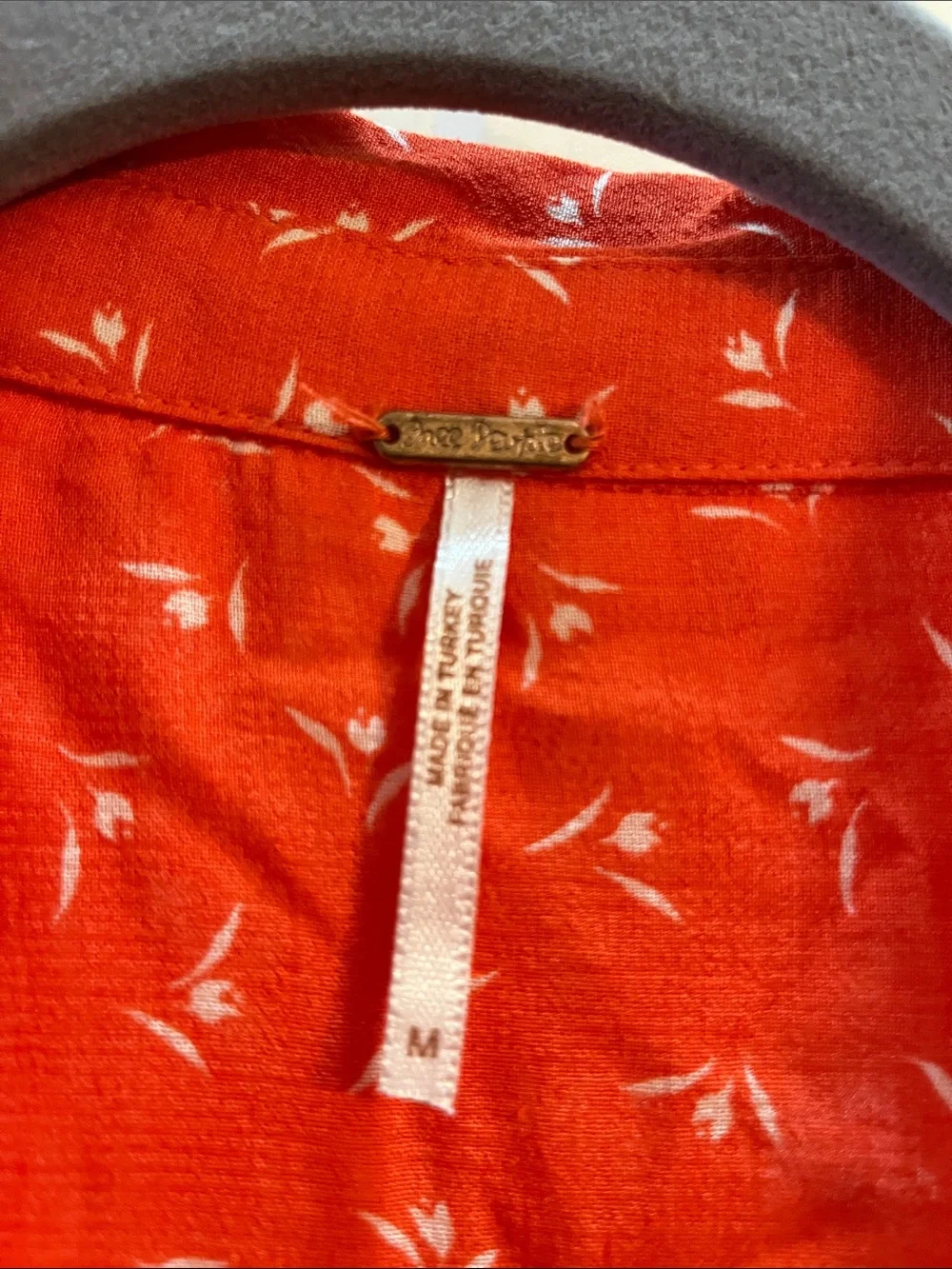 Free People Coral Orange  Printed Button-Front Peplum Blouse